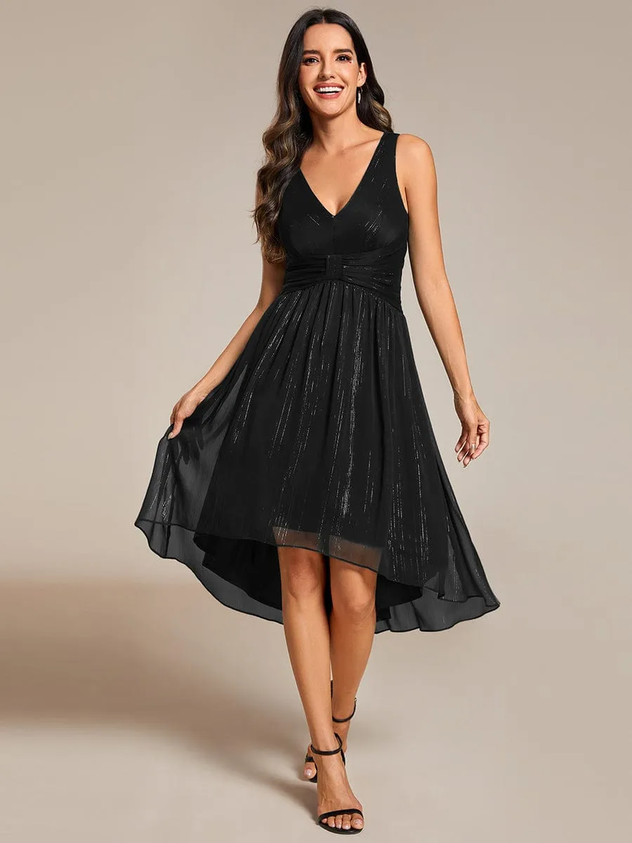 V-Neck High-Low Glitter Sleeveless Wedding Guest Dress with Pleated