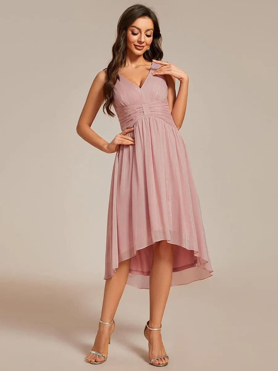 V-Neck High-Low Glitter Sleeveless Wedding Guest Dress with Pleated