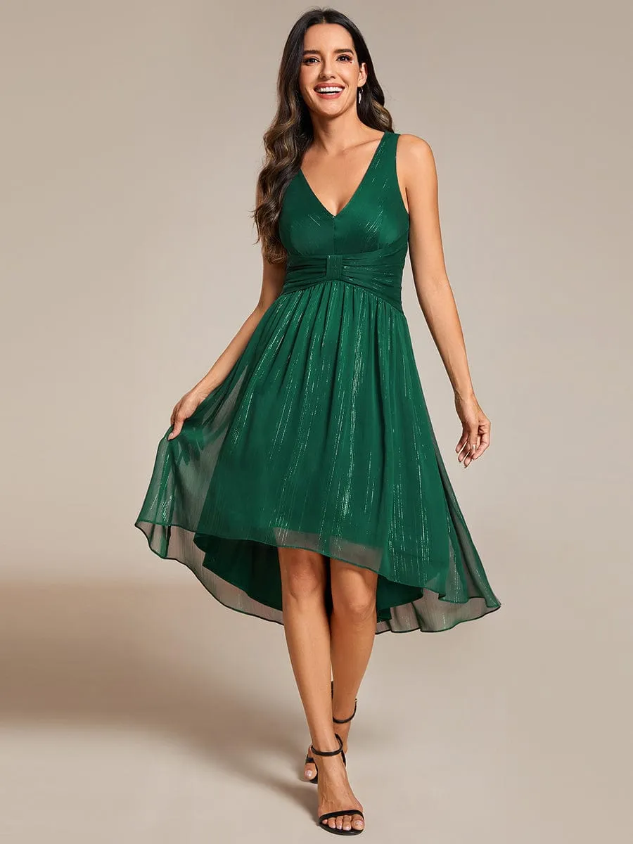 V-Neck High-Low Glitter Sleeveless Wedding Guest Dress with Pleated