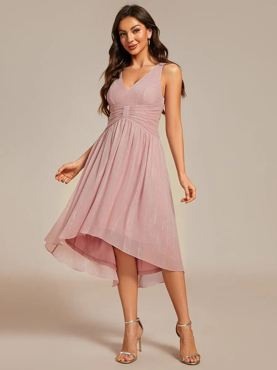 V-Neck High-Low Glitter Sleeveless Wedding Guest Dress with Pleated