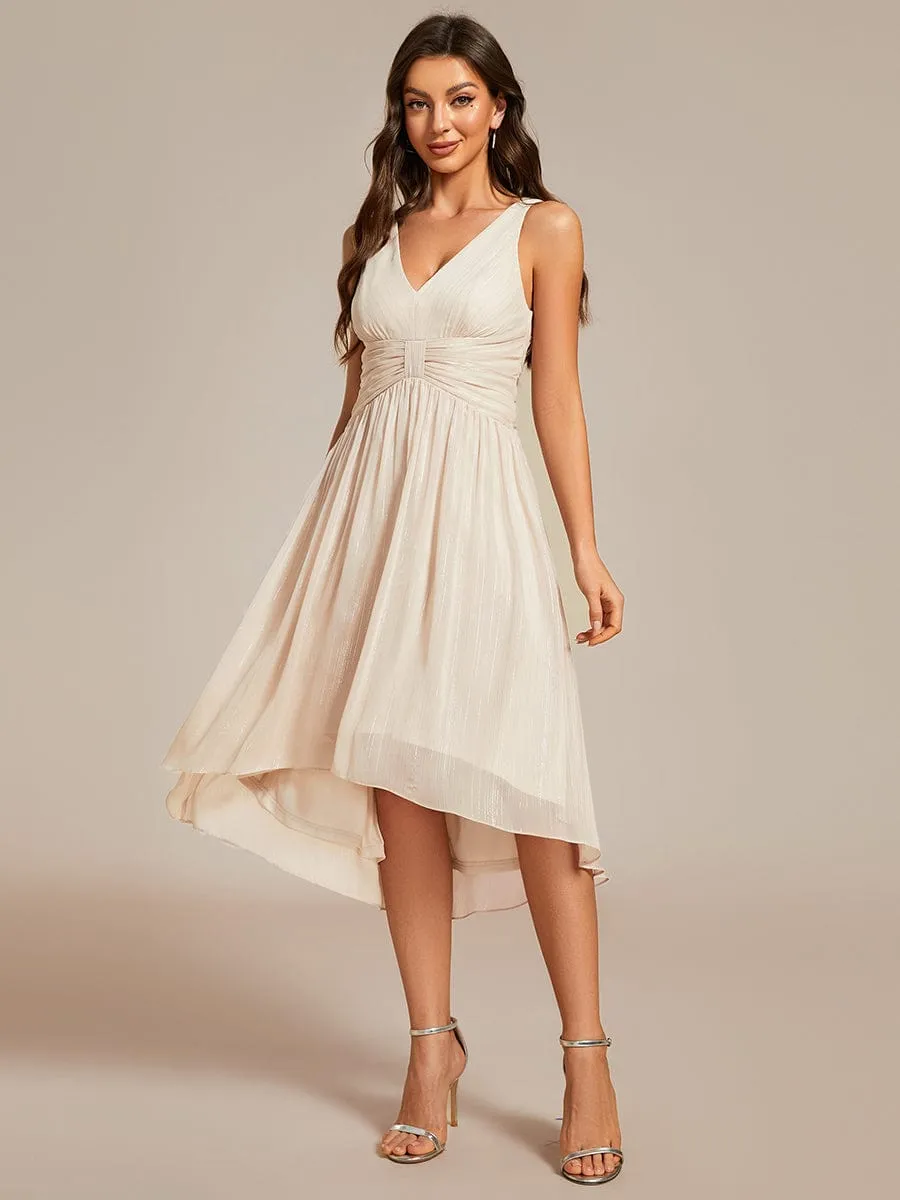 V-Neck High-Low Glitter Sleeveless Wedding Guest Dress with Pleated