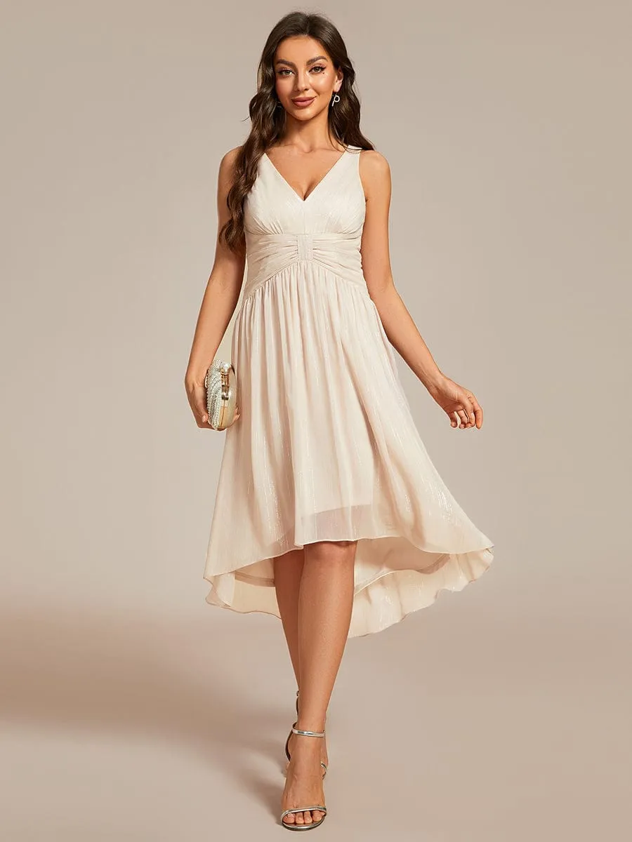 V-Neck High-Low Glitter Sleeveless Wedding Guest Dress with Pleated