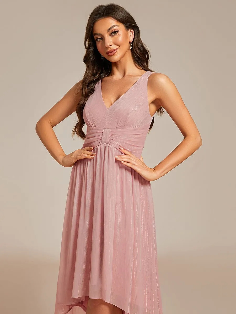 V-Neck High-Low Glitter Sleeveless Wedding Guest Dress with Pleated