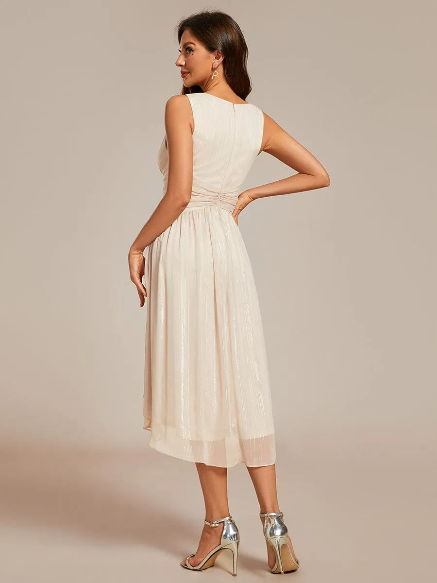 V-Neck High-Low Glitter Sleeveless Wedding Guest Dress with Pleated