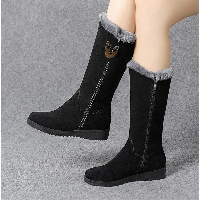 Women Mid-Calf Plush Motorcycle Boots