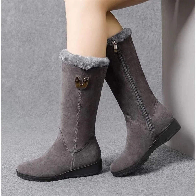 Women Mid-Calf Plush Motorcycle Boots