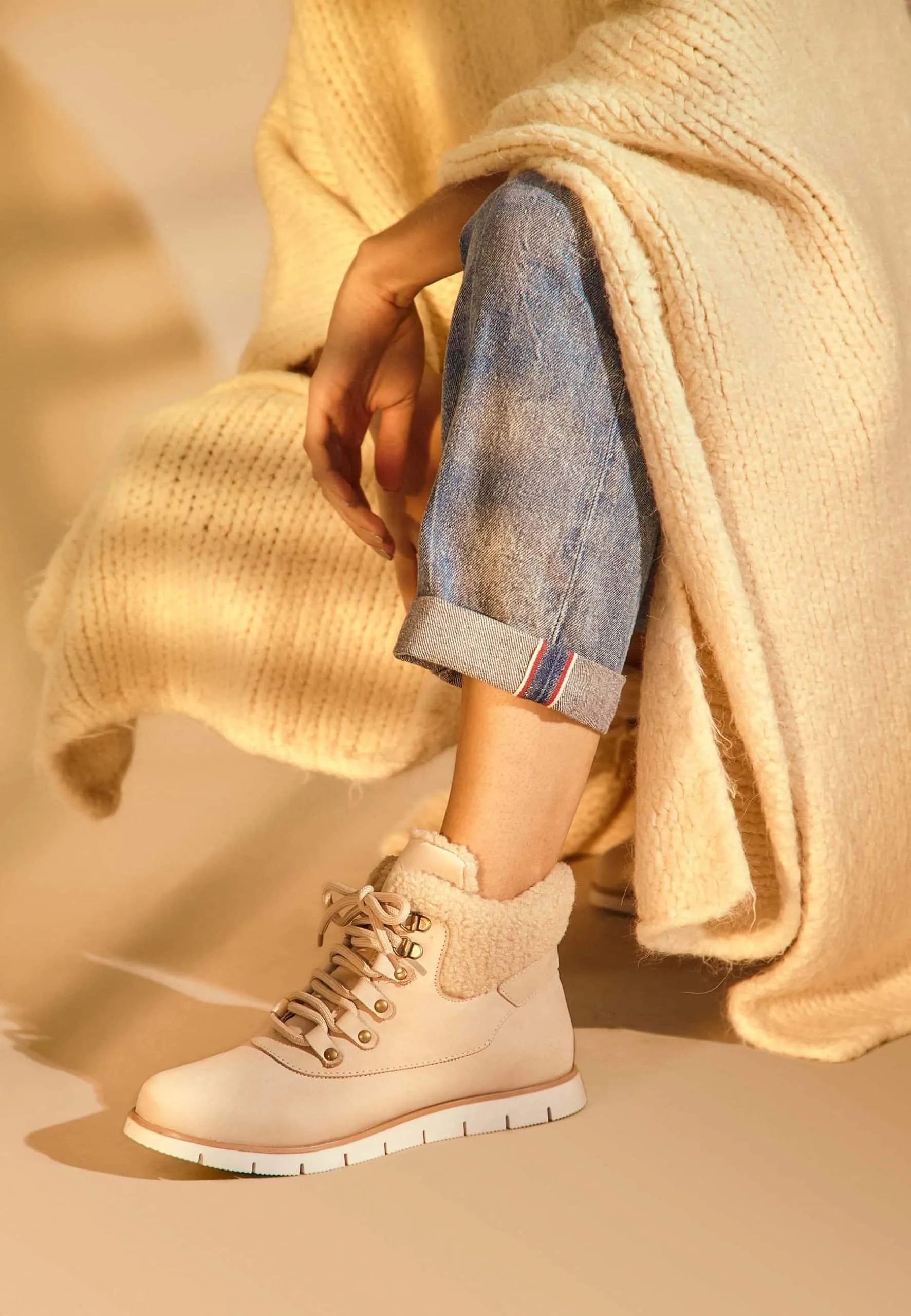 Women's Beige Suede Winter Boots with Shearing Embellishment